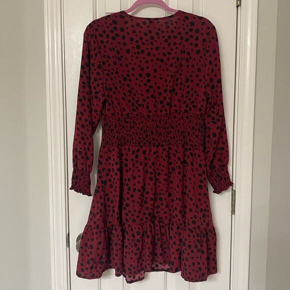 SHEIN • Burgundy Curve Plus Dalmatian Print Flare Sleeve Ruffle Hem Dress - Picture 7 of 7